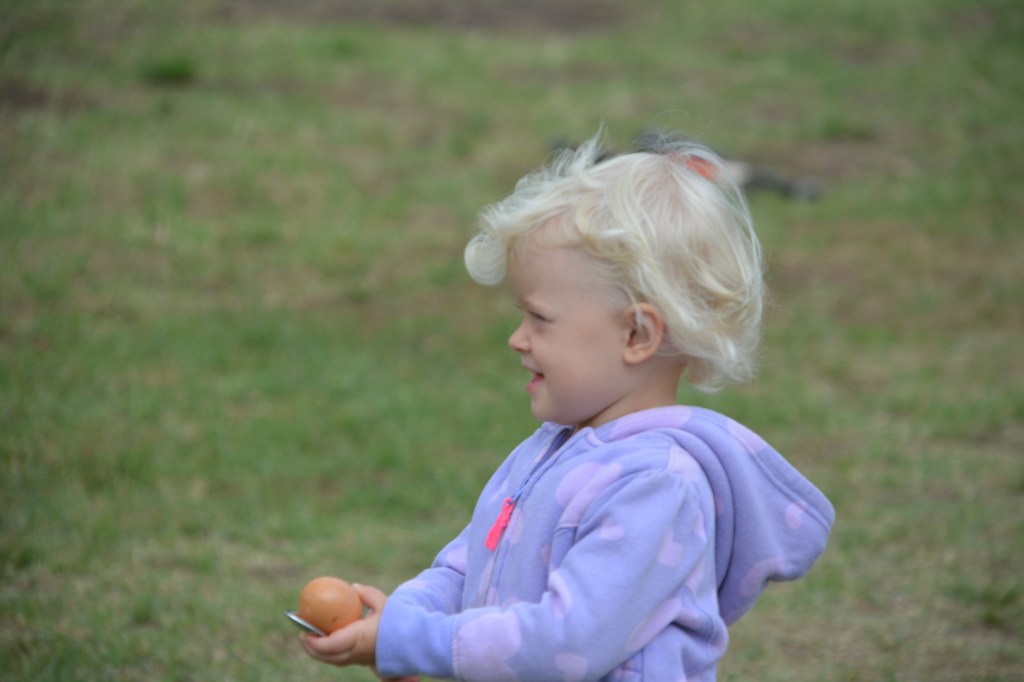 Three year old Crescena does a fine job transporting the egg.