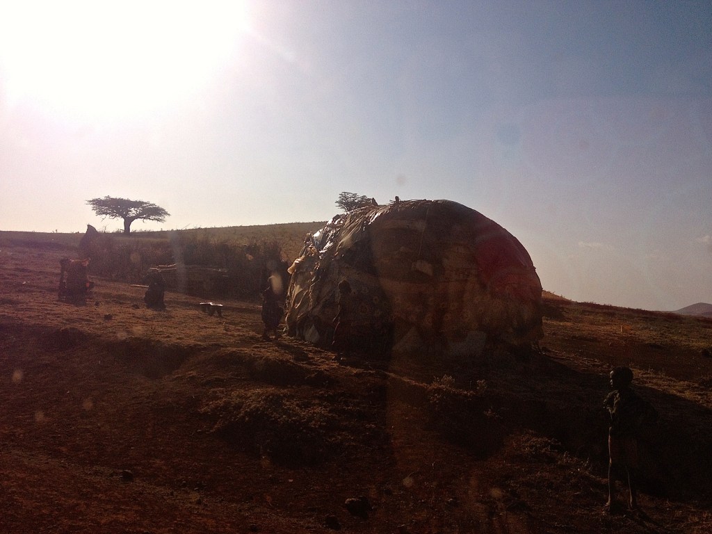 One of the small round-shaped bomas as seen through the car window.